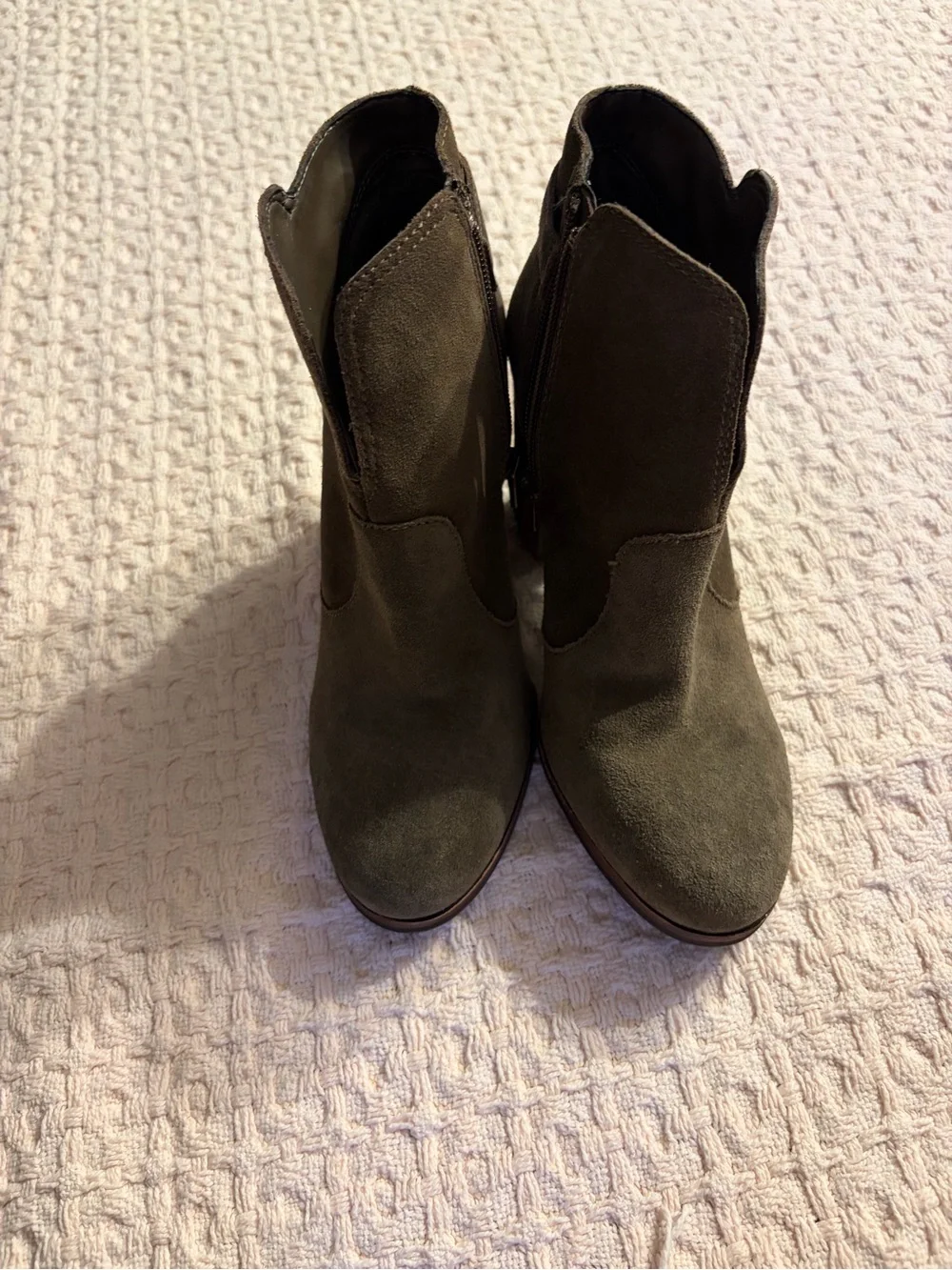 Gianni Bini Olive Green Suede Ankle Booties with Stacked Heel